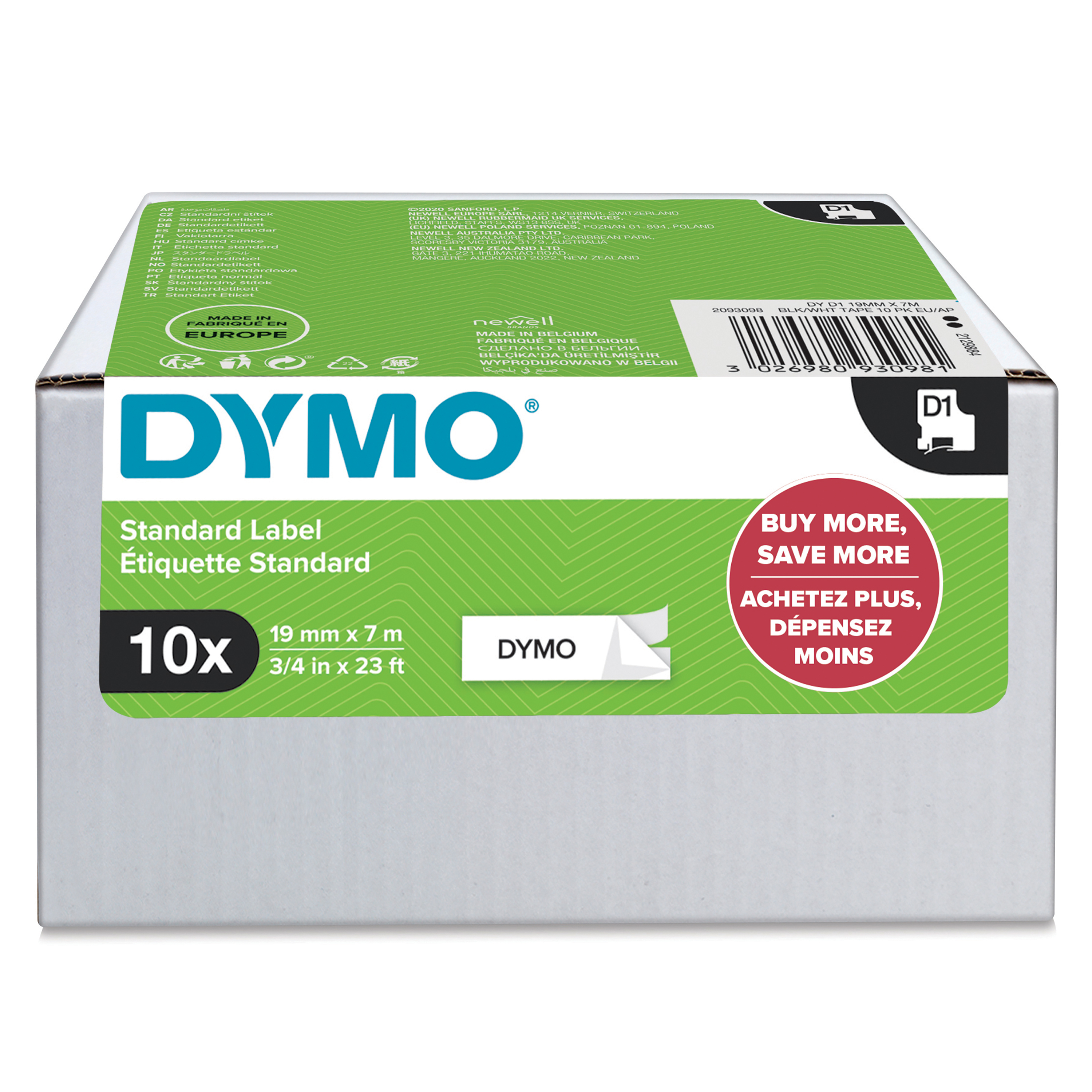 DYMO D1 Standard Etikettenkartusche 19 mm x 7 m Schwarz auf Weiß 10er-Pack