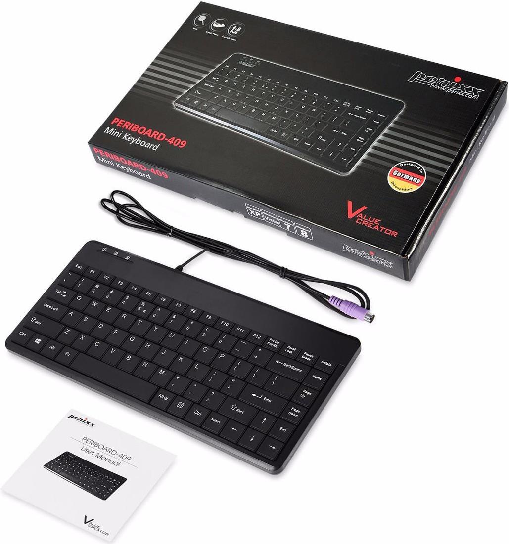 Perixx PERIBOARD-409 P Mini PS/2-Tastatur 2 USB-Hubs QWERTZ Schwarz
