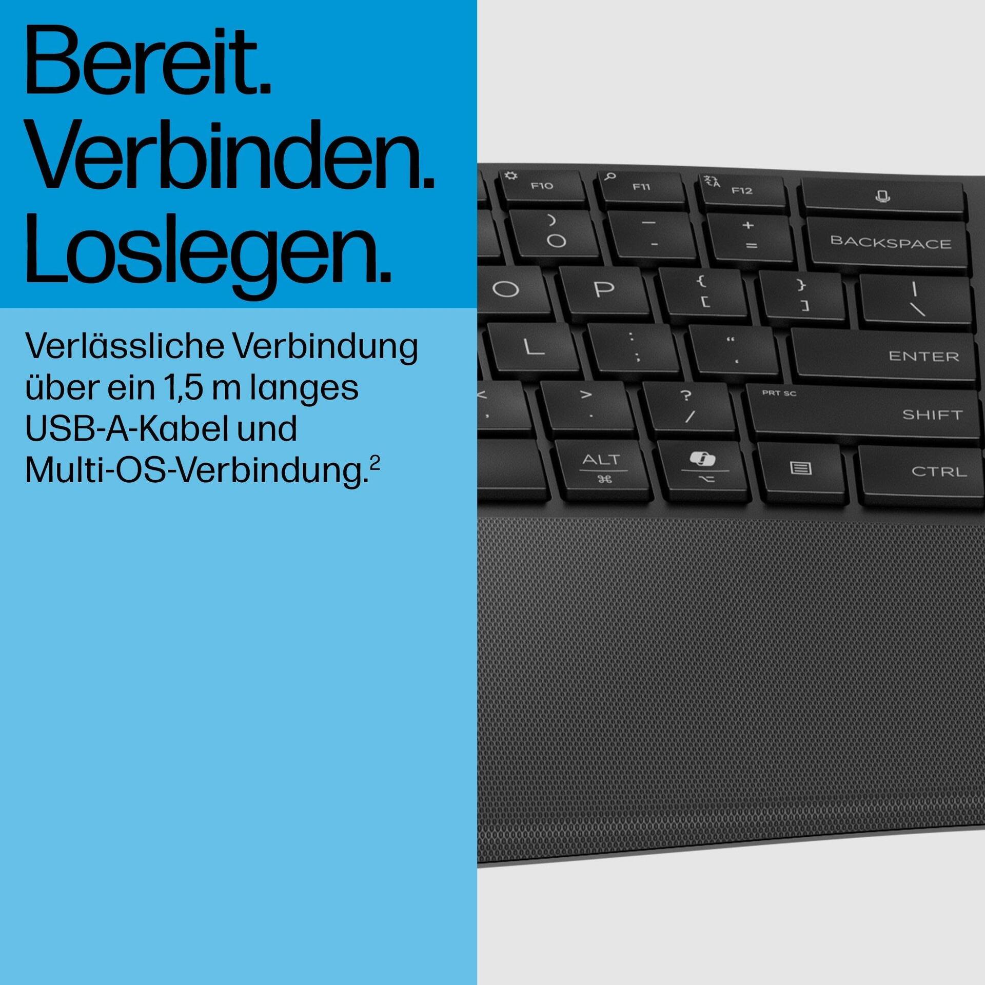 HP 485 Comfort Kabelgebundene Tastatur Ergonomisch QWERTZ USB Schwarz