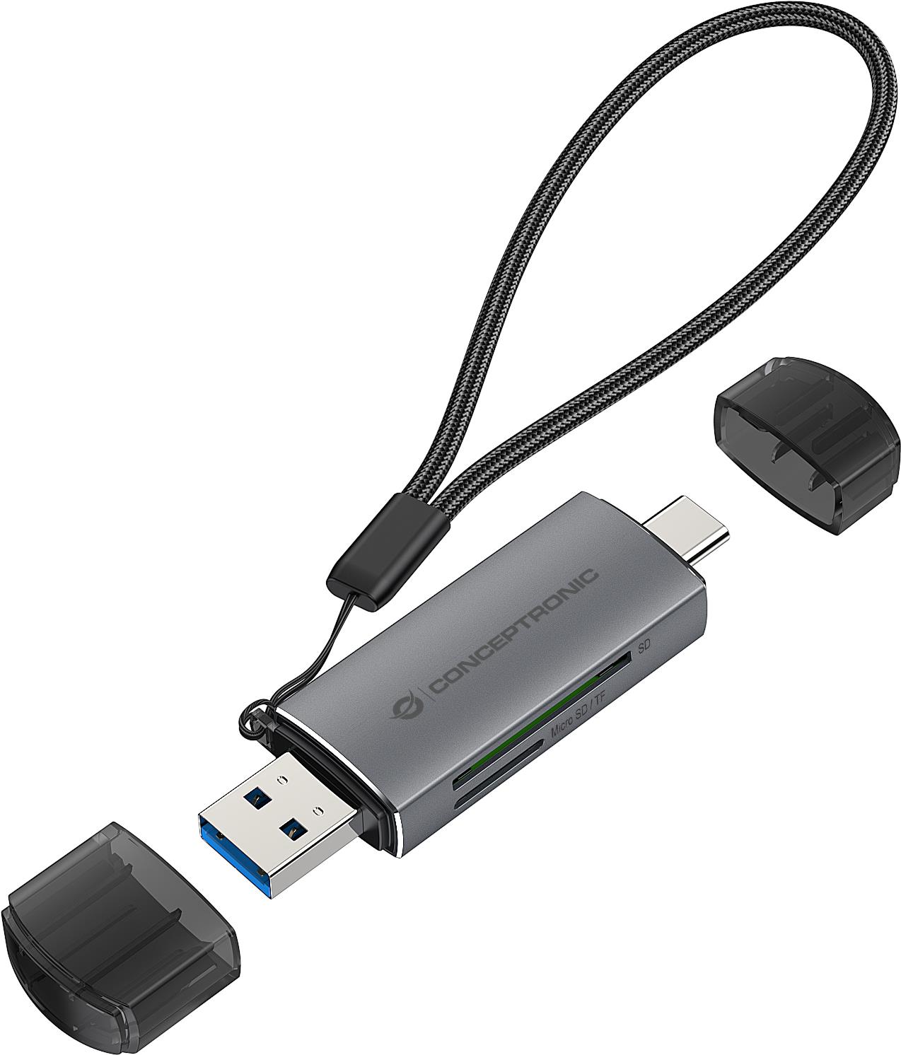 Conceptronic BIAN05G 2-in-1 Dual Plug Kartenleser USB 3.0, SD/MicroSD 3.0, UHS-I. Kompatible Speicherkarten: MicroSD (TransFlash), SD, SDHC, SDXC, Produktfarbe: Grau, Datenübertragungsrate: 5000 Mbit/s. Schnittstelle: USB 3.2 Gen 1 (3.1 Gen 1) Type-A/Type-C. Nachhaltigkeitszertifikate: CE, REACH, RoHS. Breite: 21,3 mm, Tiefe: 11,5 mm, Höhe: 78 mm. Menge pro Packung: 1 Stück(e), Verpackungsbreite: 75 mm, Verpackungstiefe: 25 mm (BIAN05G)
