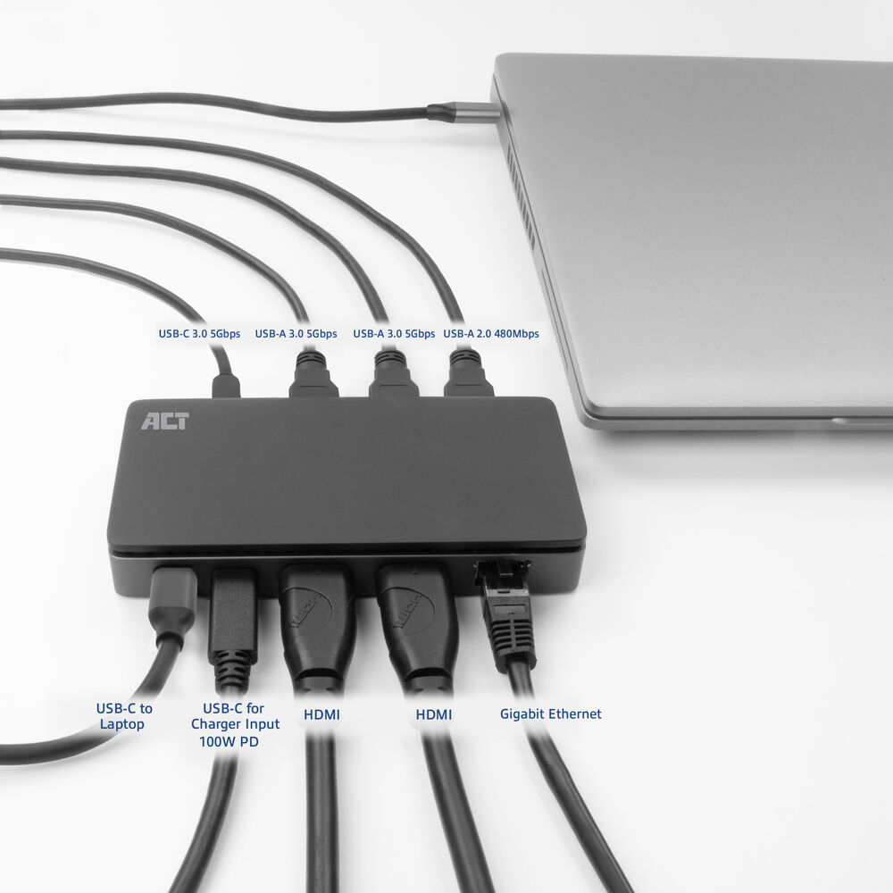 ACT AC7093 USB-C 3.2 Gen 1 Dockingstation 2x HDMI 4K MST Gigabit Ethernet 100 W PD Schwarz, Grau