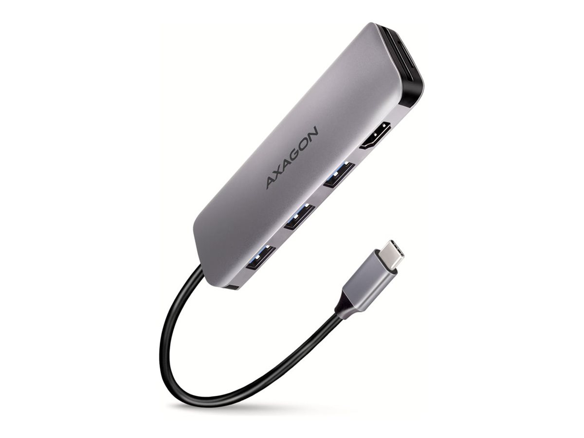 AXAGON USB-C-Hub HMC-HCR3A, 3x USB-A, HDMI, SD/microSD, USB-C 3.2 Gen 1, 20 cm Kabel, Grau