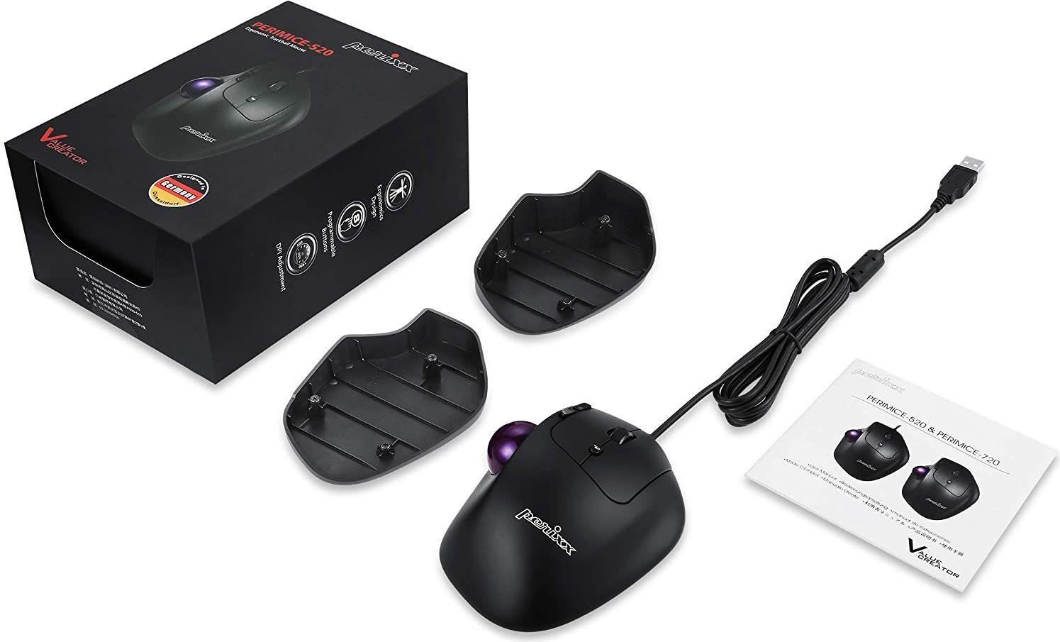 Perixx PERIMICE-520, kabelgebundene ergonomische Trackball Maus, anpassbarer Winkel, 2 DPI Level, schwarz (PERIMICE-520)