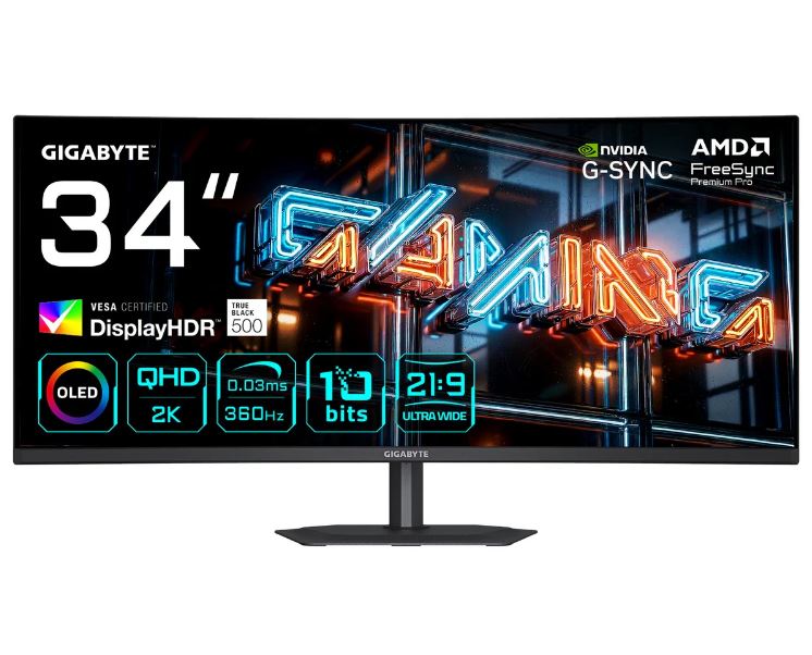 Gigabyte MO34WQC36 / 34" OLED / 3440 x 1440 (WQHD) 360 Hz / 0.03ms GTG / FreeSync Premium Pro / HDMI 2.1 x 2, Displayport 2.1 x 1, USB 3.2 x 3 / USB Type-C x 1 / SP (MO34WQC36)