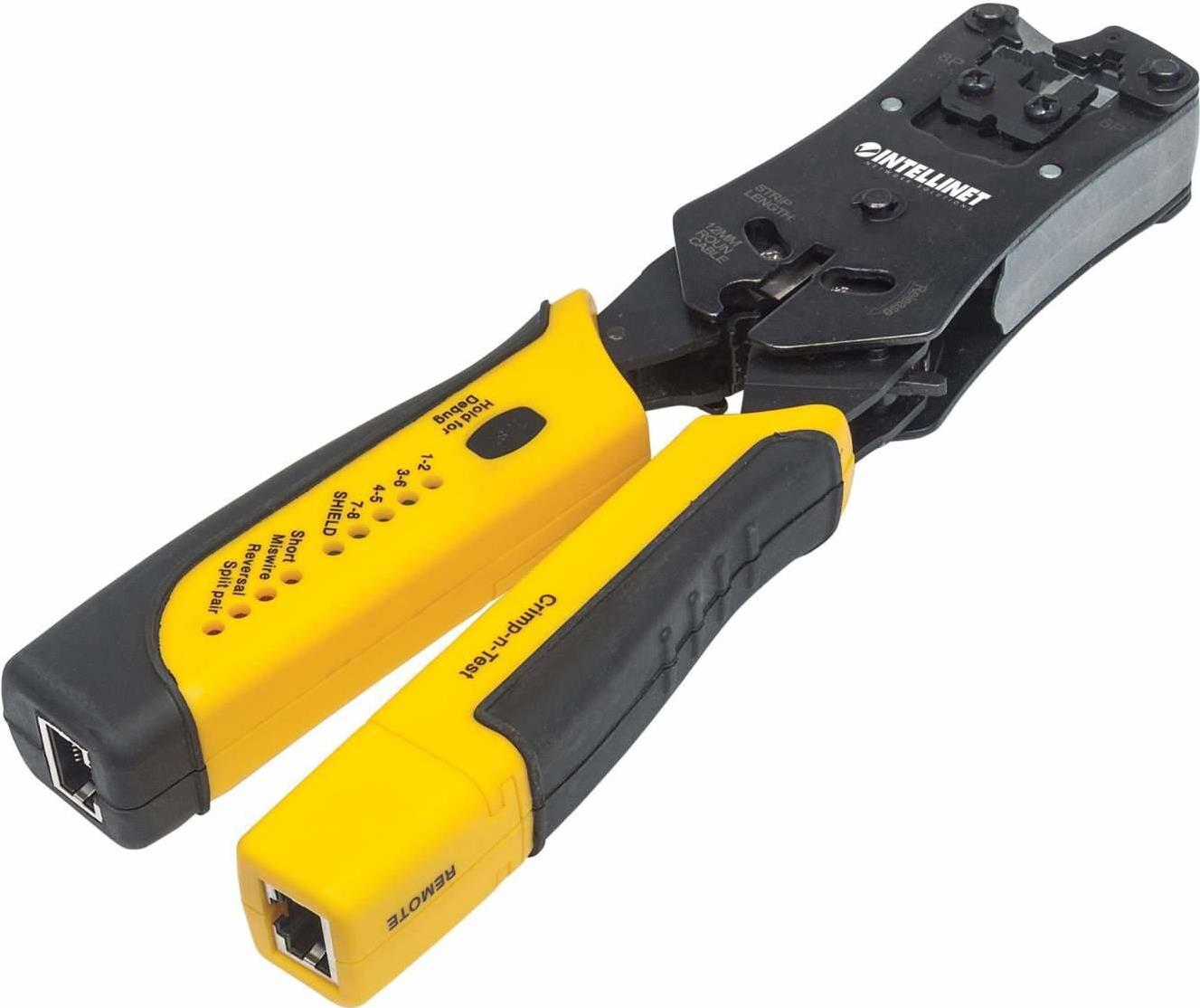 Intellinet Universal Crimpwerkzeug und Kabeltester, 2-in-1 Crimpzange und Kabelprüfer Schwarz, Gelb