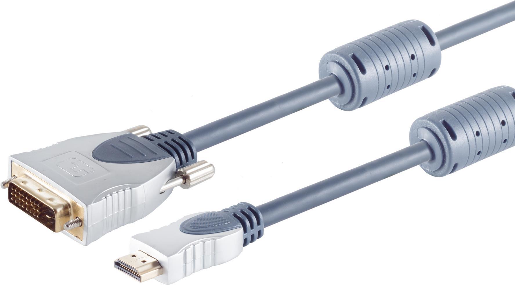 S/CONN maximum connectivity Home-Cinema HDMI Stecker auf DVI-D-Stecker (24+1), Ferrits, verchromte Metall-Stecker, 2x Ferrit, vergoldete Kontakte, --1,3b, 1,5m (77481-MHQ)