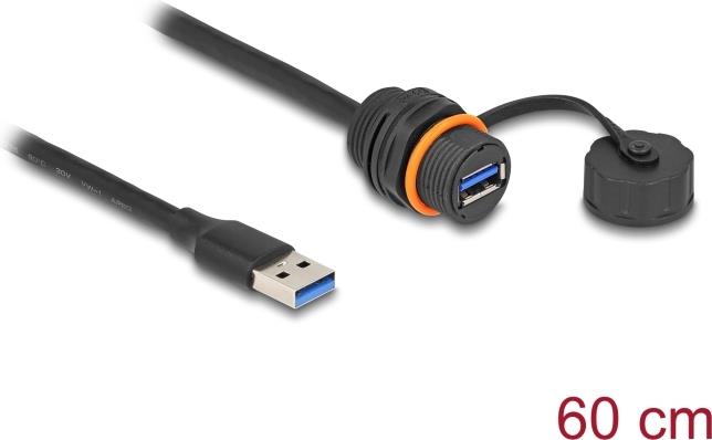 Delock USB 5 Gbps Kabel USB Typ-A Stecker zu USB Typ-A Buchse zum Einbau mit M20 Gewinde und Verschlusskappe IP68 staub- und wasserdicht 60 cm schwarz (88149)