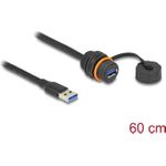 Delock USB 5 Gbps Kabel USB Typ-A Stecker zu USB Typ-A Buchse zum Einbau mit M20 Gewinde und Verschlusskappe IP68 staub- und wasserdicht 60 cm schwarz (88149)