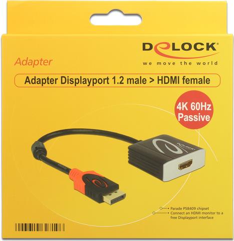 DELOCK Adapter Displayport 1.2 Stecker > HDMI Buchse 4K 60 Hz Passiv schwarz