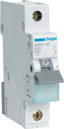 Hager MBN140. Anzahl der Pole: 1P. AC Eingangsfrequenz: 50/60 Hz, Nominale Stromabgabe: 40 A (MBN140)