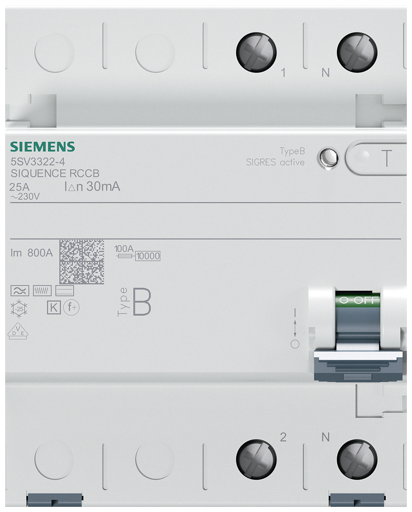 Siemens FI-Schutzschalter Typ B 25A 30mA 1+N-polig 230V 4TE kurzzeitverzögert