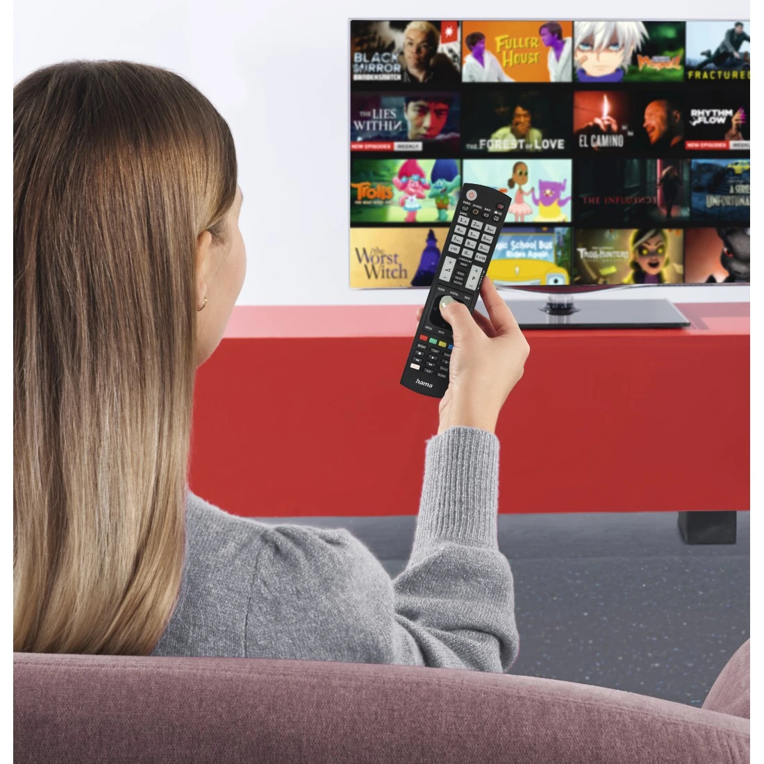 Hama Universal-Fernbedienung für LG TVs, IR, 52 Tasten, lernfähig, beleuchtete Tasten, Schwarz