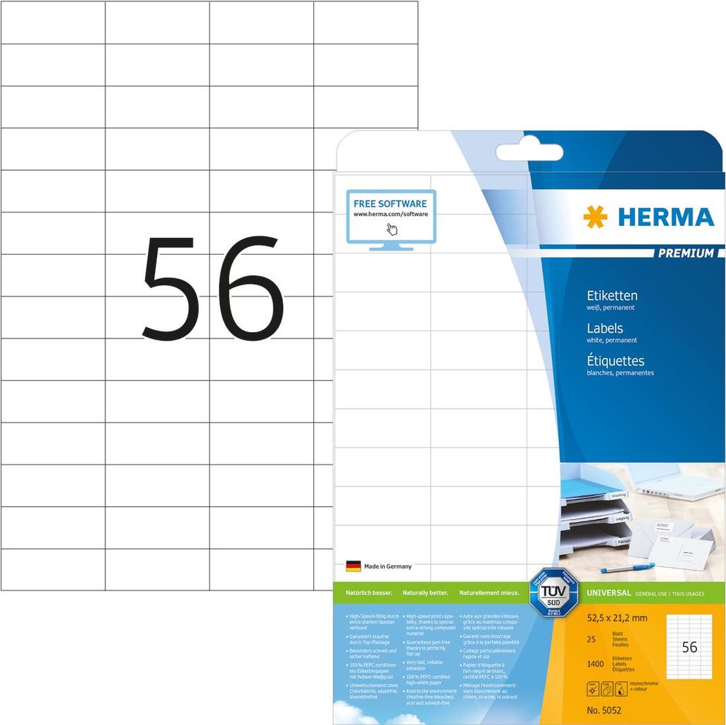 HERMA Etiketten A4 weiß 52,5x21,2 mm Papier matt 1400 St.
