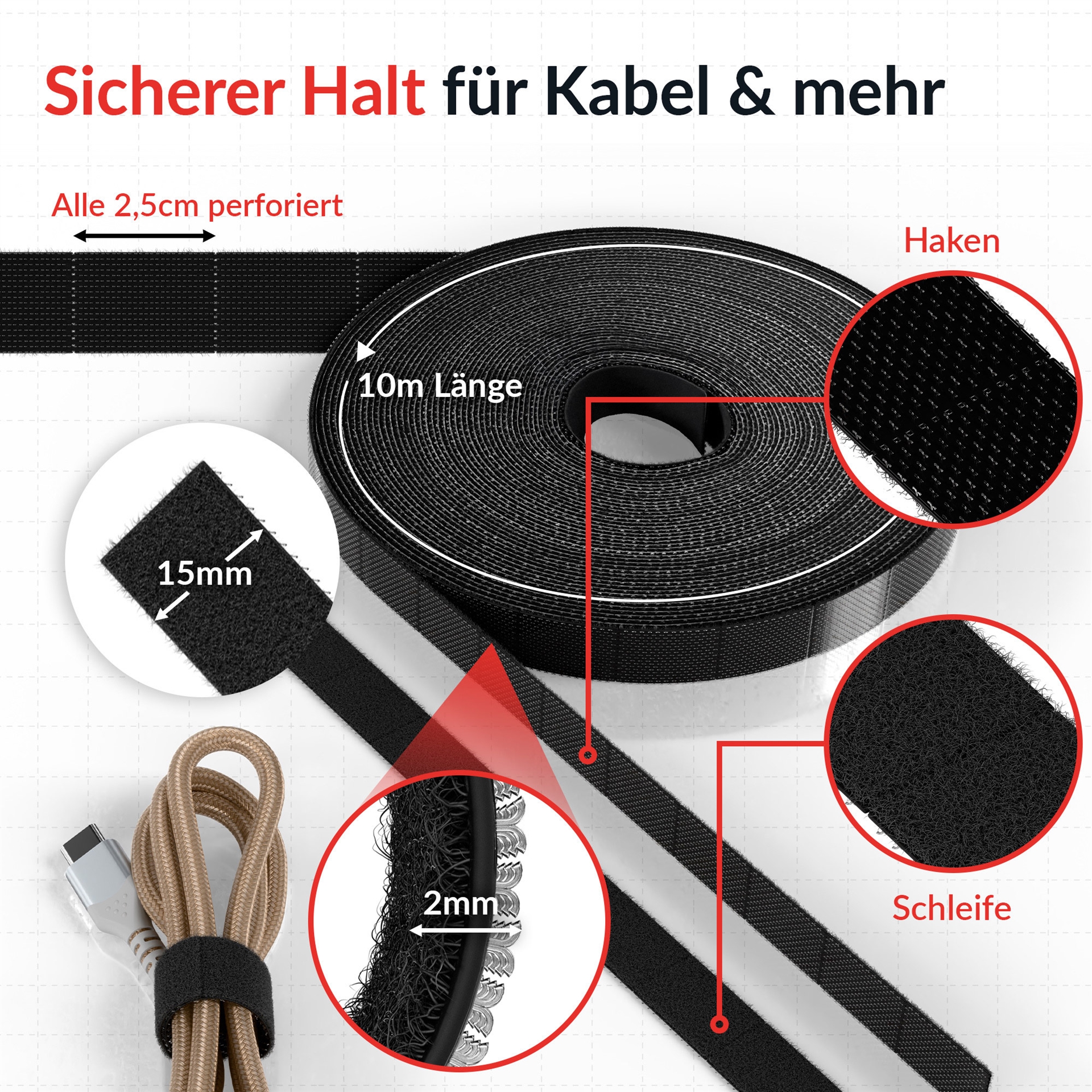 Label-The-Cable LTC RIP STRAP, Klettbandrolle abreißbar, schwarz, 10m (LTC 1410-10)