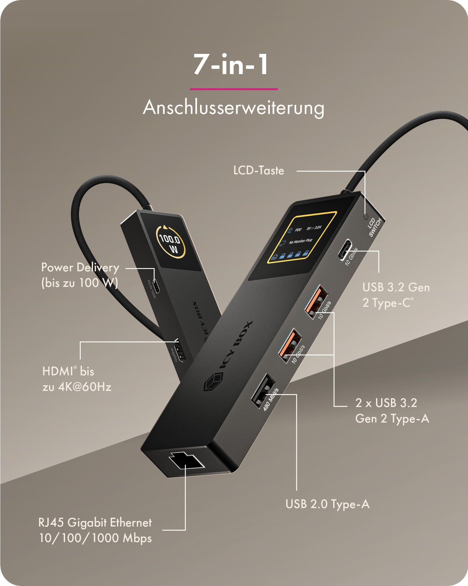 ICY BOX Spade Dock 4038 Dockingstation 7-in-1 USB-C HDMI RJ-45 100 W PD Schwarz