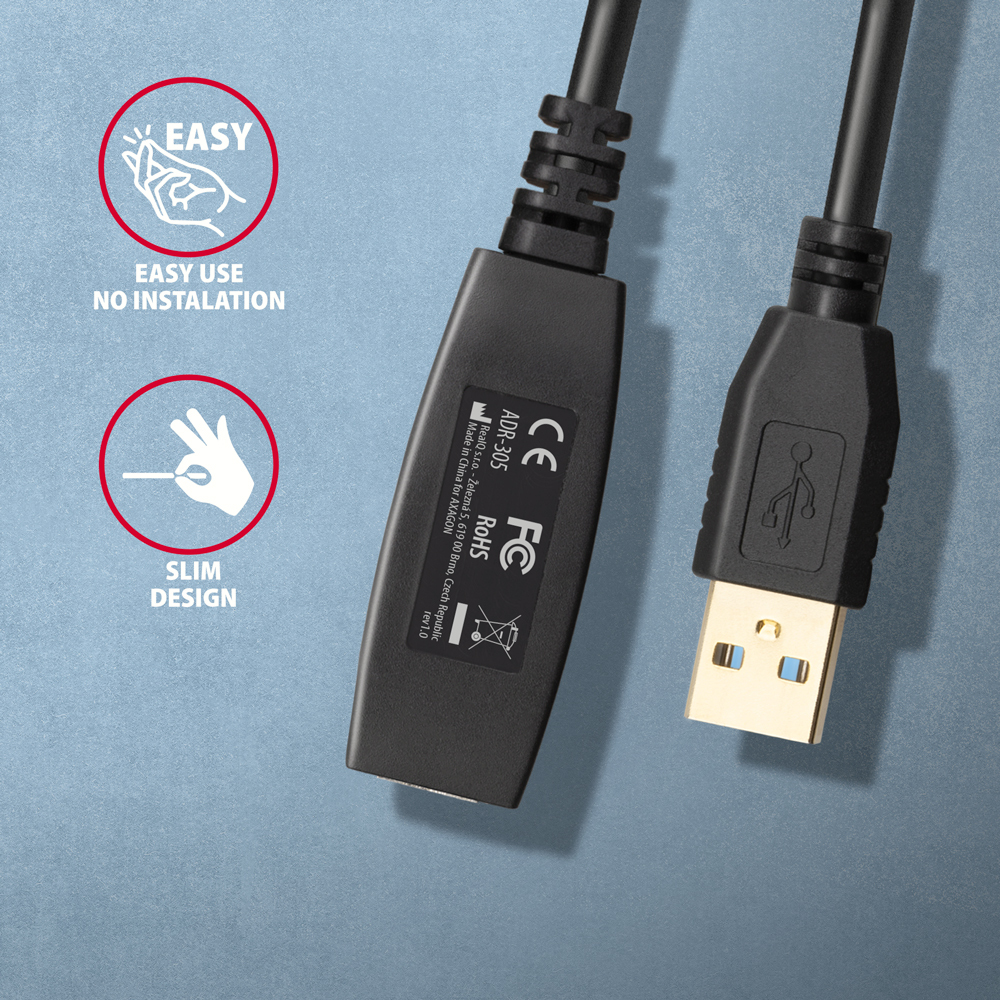 AXAGON ADR-305 USB 3.2 Gen 1 Aktives USB-Verlängerungskabel 5 m Schwarz