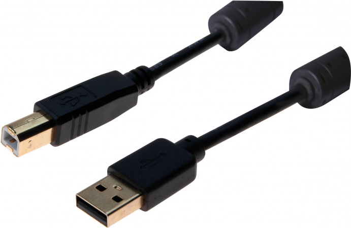 exertis Connect USB 2.0 High Speed Kabel, USB St. A/ USB St. B, 1,5 m Mit Ferritkernen für störungsfreie Übertragung - Datenrate: 480 Mbit/s- Schirmung: S/FTP- AWG: Data 28/ Power 24- vergoldete Stecker- Farbe: schwarz (532430)