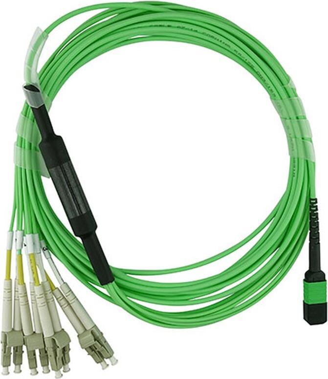 BlueOptics LWL Breakout Kabel, MTP/UPC, 4xDuplex LC/UPC, 5 Meter, Multimode G50/125µm, OM5, Markenfaser, 3.0mm LSZH limettengrün, 8 Kerne (Belegung 1-4 & 9-12, für QSFP Nutzung), inkl. Messprotokoll, MTP Stecker ohne Pins (SFP6141GU5MKB)