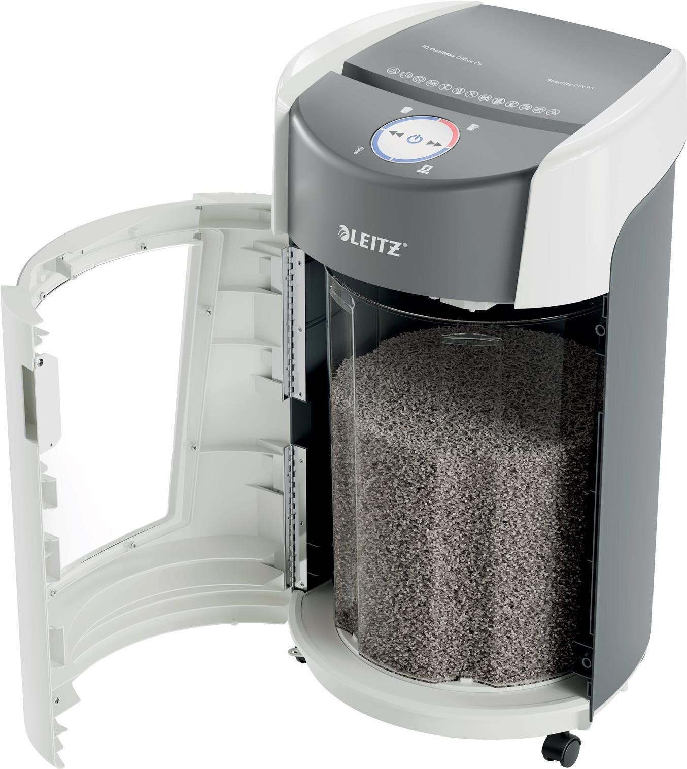 Leitz IQ OptiMax Office P5 Aktenvernichter Mikroschnitt P-5 2 x 15 mm 10 Blatt 35 Liter Weiß