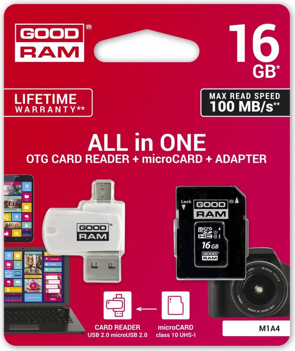Speicherkarte mit Adapter und GoodRam All in One M1A4-0160R12 (16 GB; Klasse 10; Adapter, MicroSDHC-Kartenleser, Speicherkarte) (M1A4-0160R12)