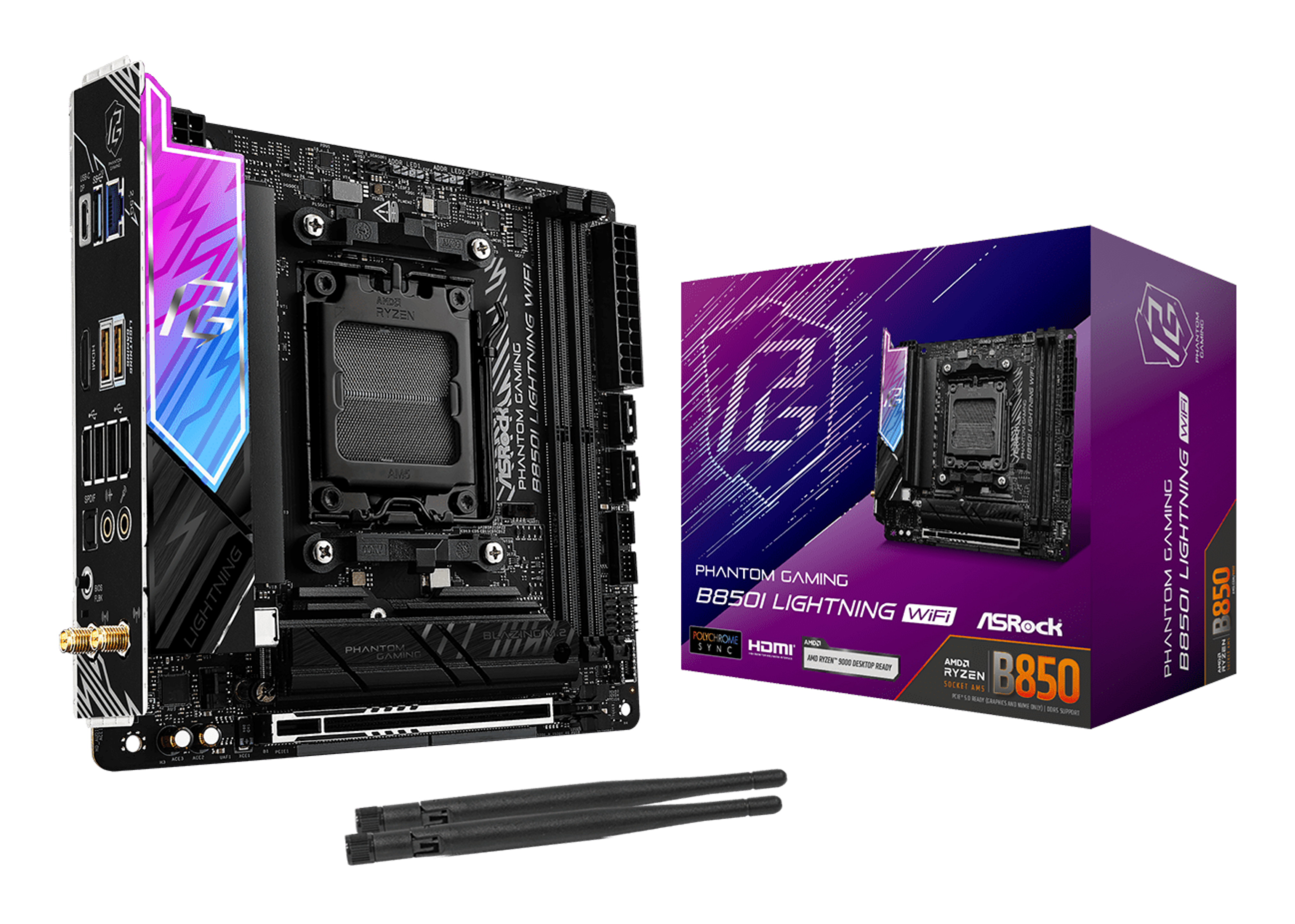 ASRock Phantom Gaming B850I Lightning WiFi Mainboard Mini-ITX Sockel AM5 AMD B850 DDR5 bis 128 GB RAM WiFi 6E Schwarz