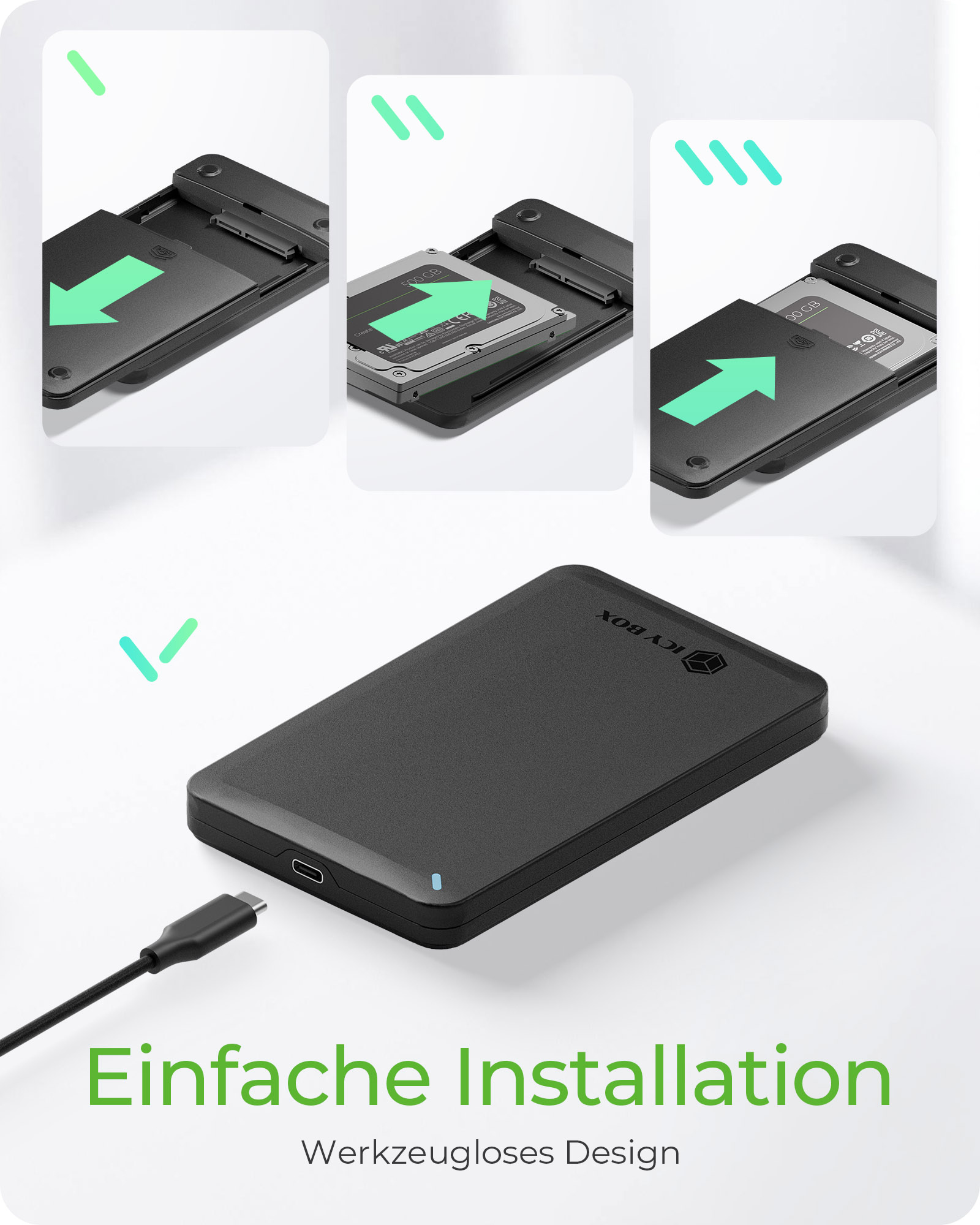 ICY BOX IB-201T-CU31 SSD-Gehäuse 2,5" SATA USB-C 3.2 Gen 2 Werkzeuglos Schwarz