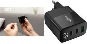 ANSMANN USB-Steckdosenadapter HOME CHARGER HC365PD, schwarz mit Display, Eurostecker, GaN-Technolgie, Anschluss: USB-A - 1 Stück (1001-0150)
