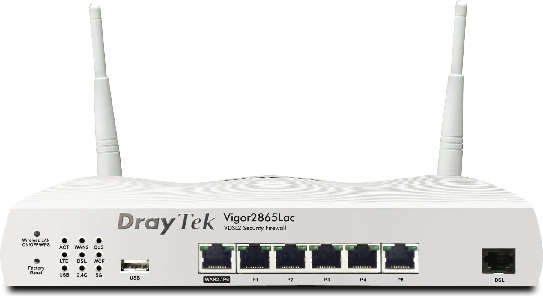 DrayTek Vigor 2865Vac (Annex-B) Dual-Wan Router mit integriertem ADSL2/VDSL2/Supervectoring Modem als WAN1 (Annex-B) und Gigabit Ethernet WAN2, 5 x Gigabit LAN, 32xVPN, Firewall, Contentfilter, zentralem AP- und Switchmanagement, VoIP mit 2x FXS-Ports (v2865Vac-B-DE-AT-CH)