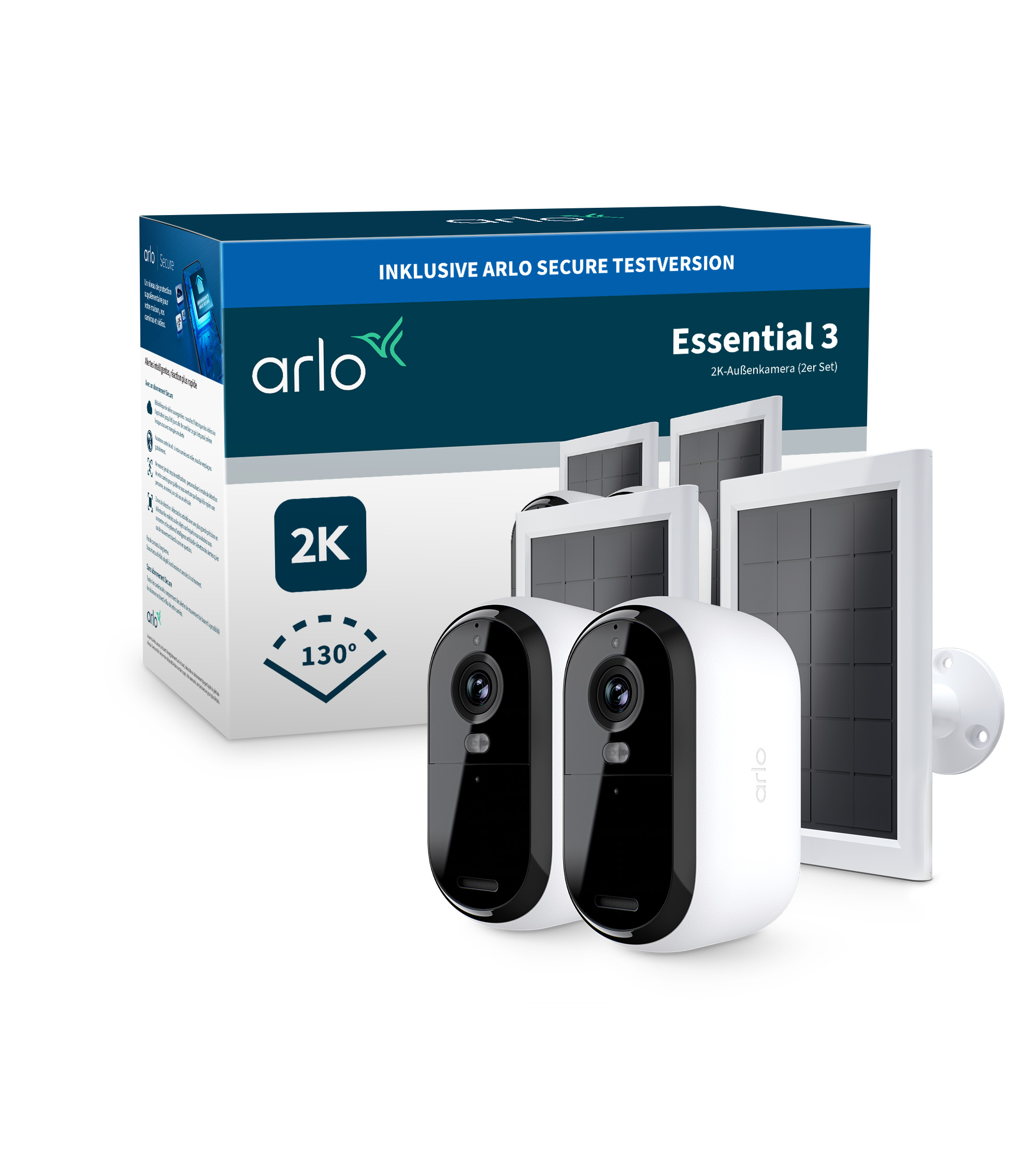 Arlo Essential 3 2K Sicherheitskamera mit Solarpanel (2er-Set), 2560 x 1440, Dome, Innen & Außen, Weiß