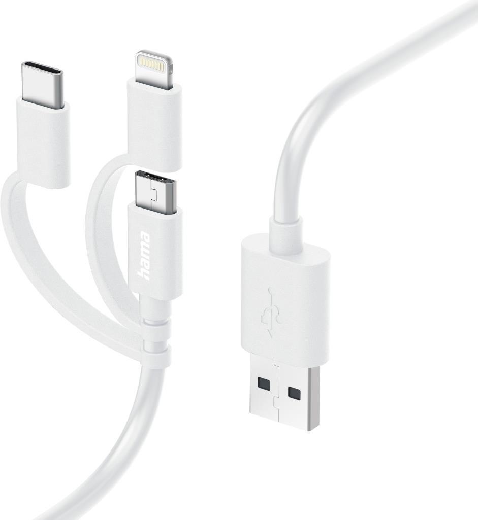 Hama 3in1 Multi-Ladekabel, USB-A - Micro-USB, USB-C und Lightning, 1,0 m, Weiß (00201535)