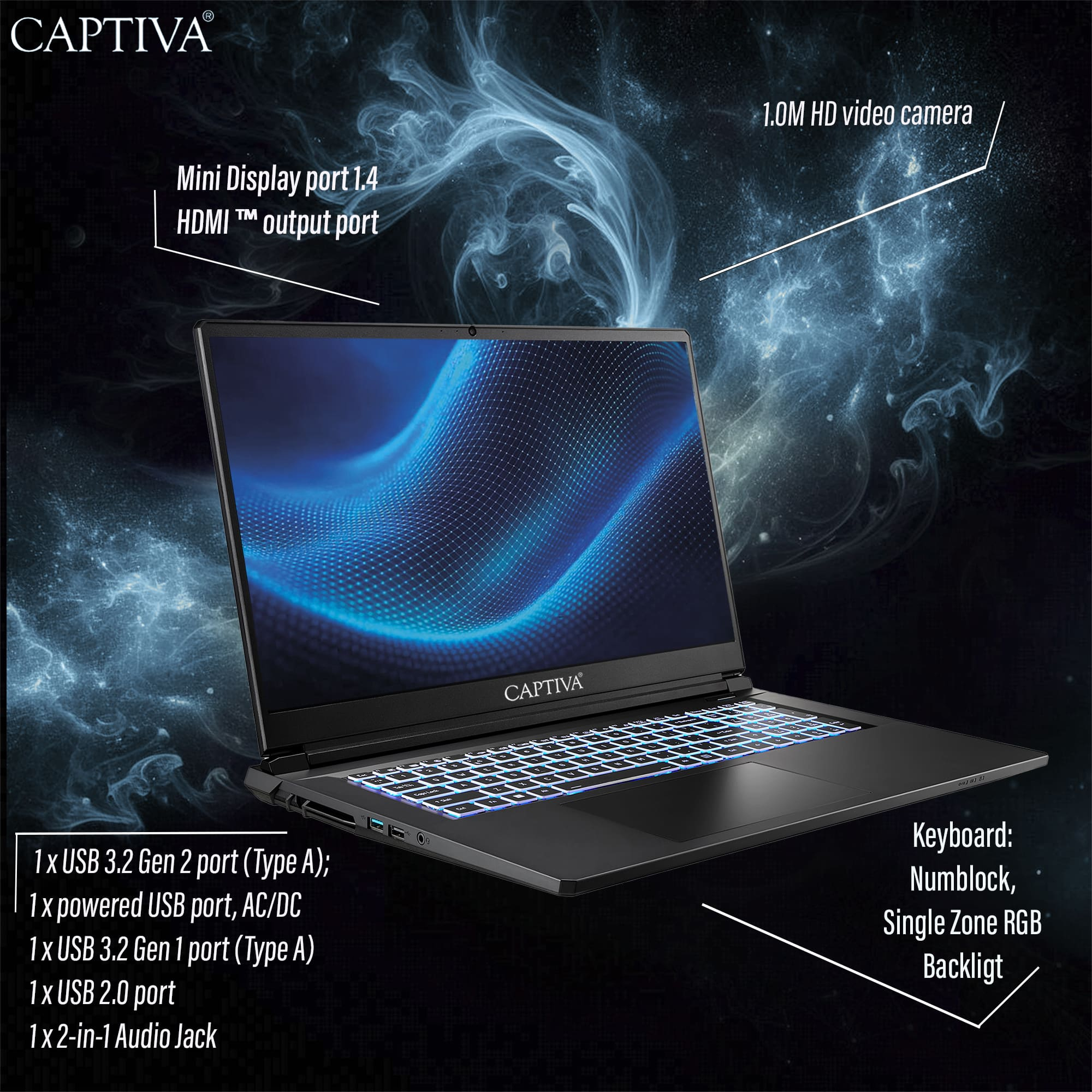 CAPTIVA Highend Gaming I98-027CH 17,3" Notebook Intel Core i7-13620H 16 GB RAM 500 GB SSD NVIDIA GeForce RTX 5070 Windows 11 Pro Schwarz