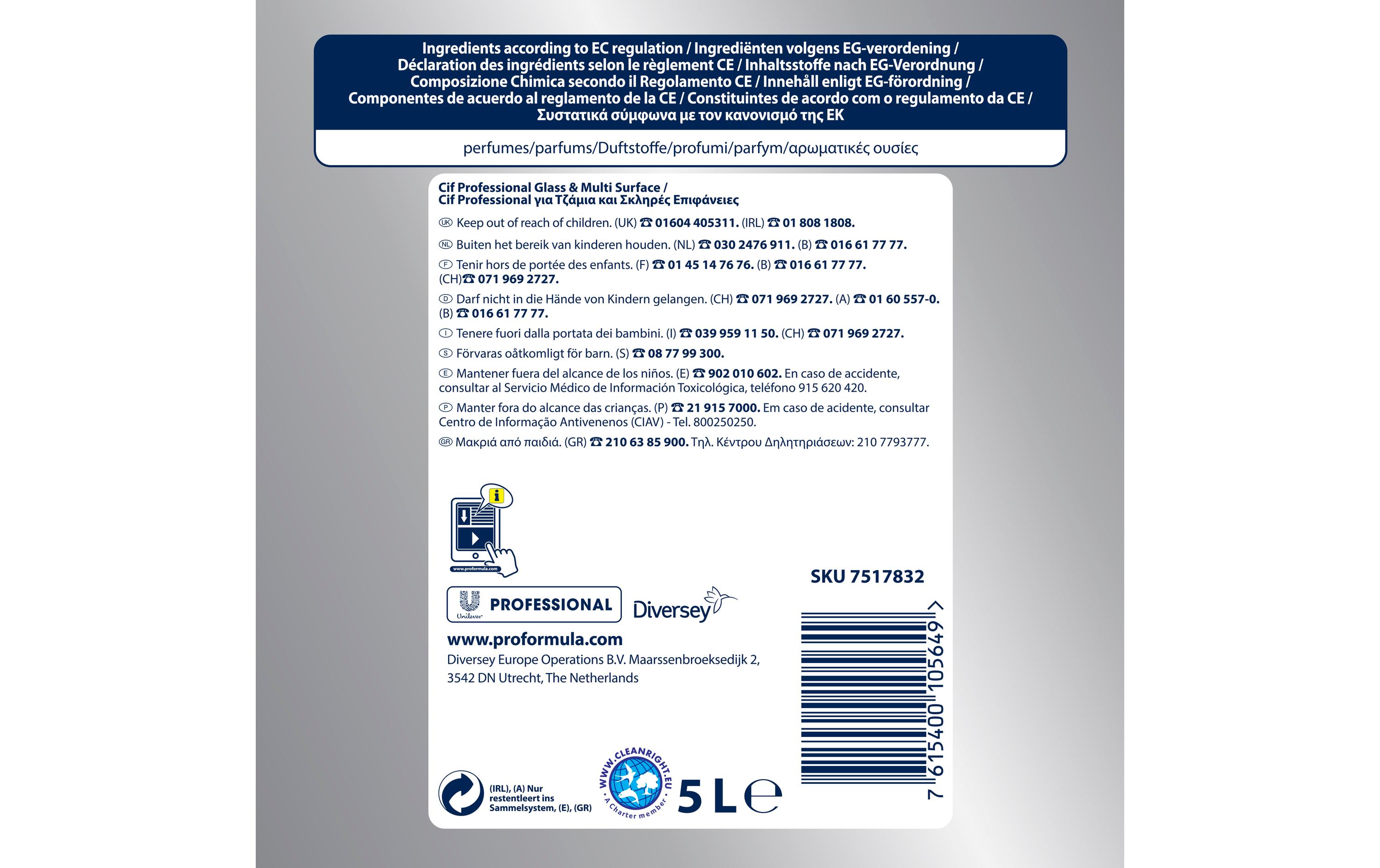 Diversey Cif Pro Formula Glasreiniger 5000 ml Kanister Blau