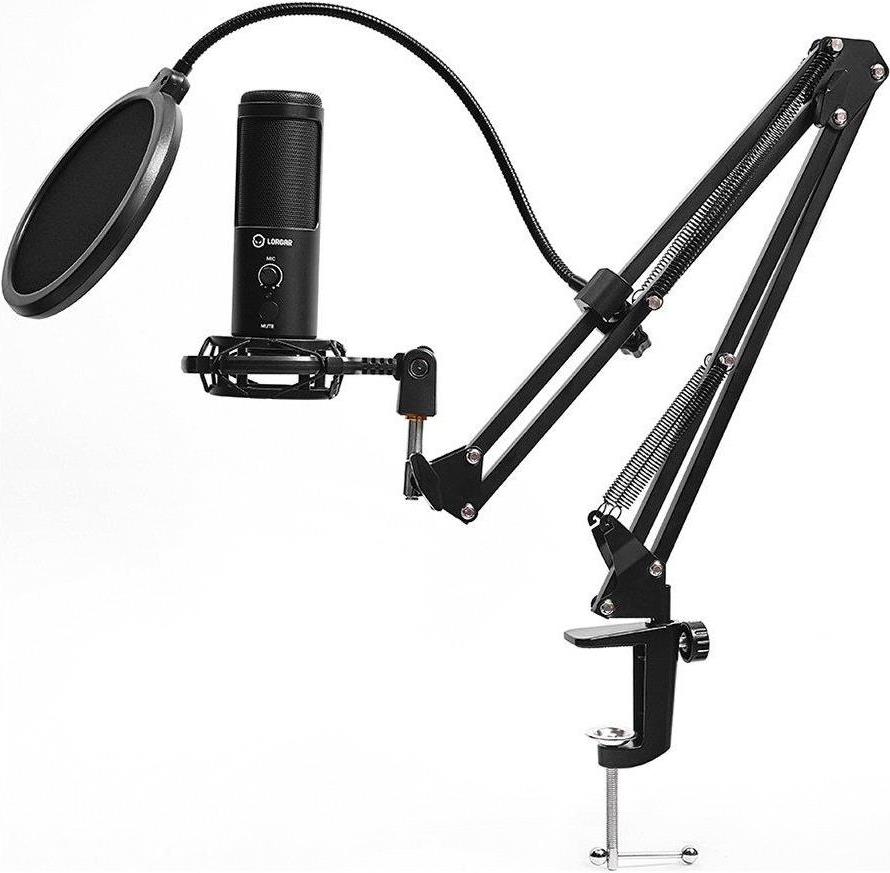 Prestigio LORGAR Gaming Microphones, Juodas, USB condenser microphone with boom arm stand, pop filter, tripod stand. including 1* microphone, 1*Boom Arm Stand with C-clamp, 1*shock mount, 1*pop filter, 1*windscreen cap, 1*2.5m type-C USB cable, 1* Extra tripod (LRG-CMT931)