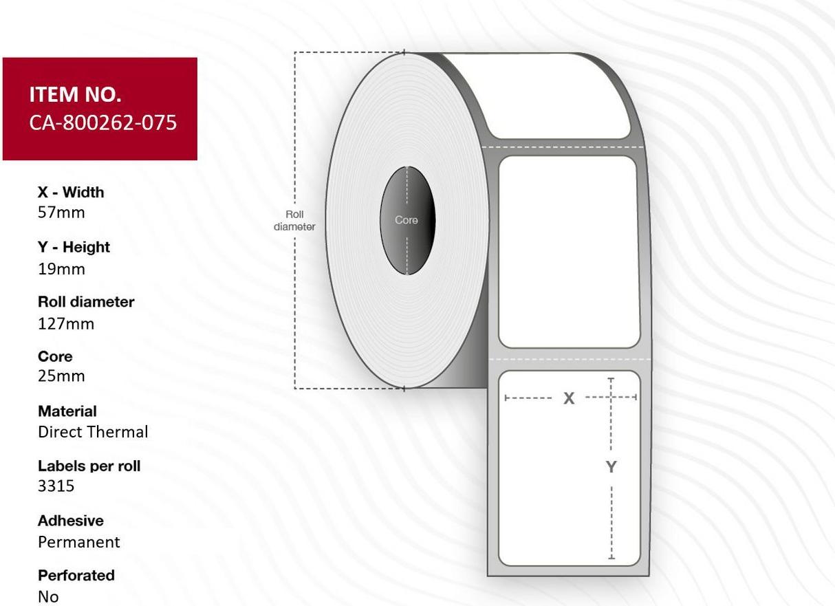 Capture Label 57 x 19mm, Core 25mm, Permanent, Perforated, 3315 labels per roll, 12 rolls per box (CA-800262-075)