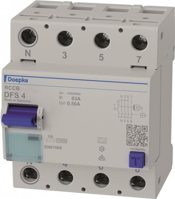 Doepke Schaltgeräte GmbH Fi-Schutzschalter A 4p 440V 63A 0.5A 4TE REG DIN-Schiene 10kA 0 (DFS4063-4/0,50-A)