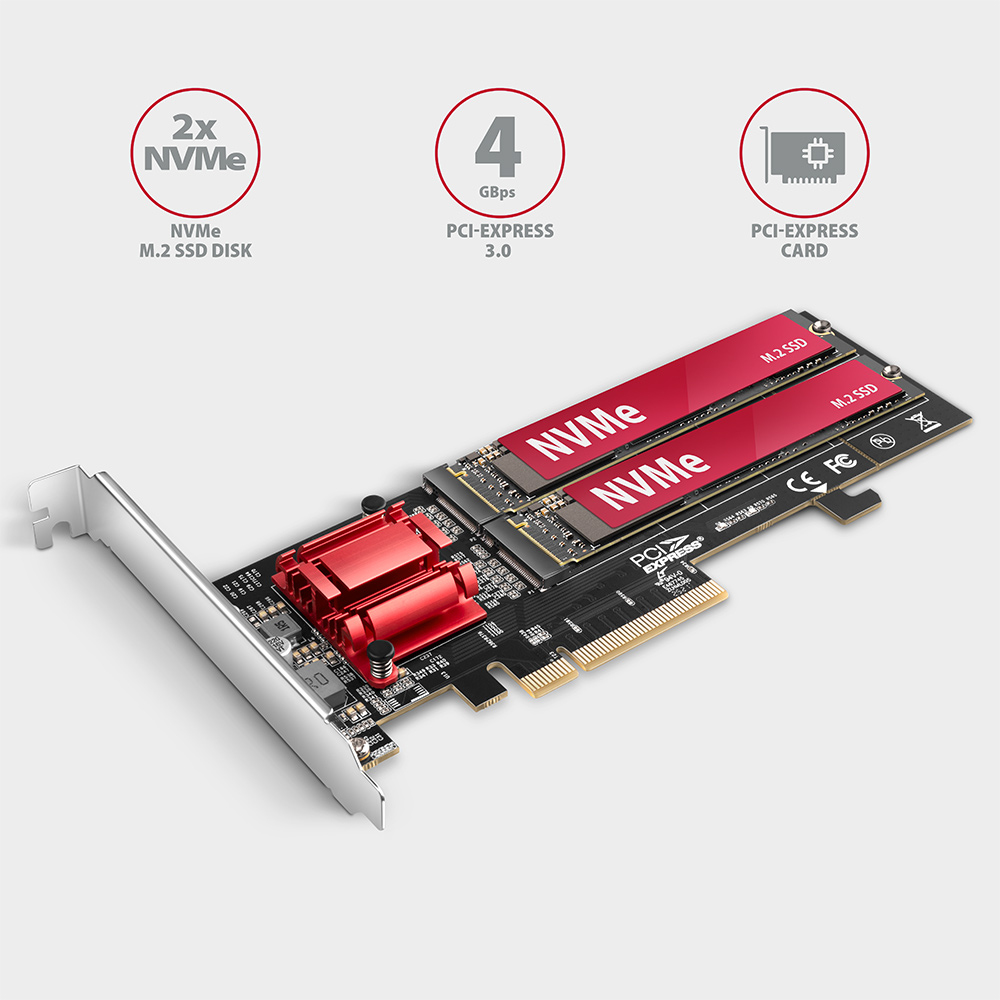 AXAGON PCEM2-ND PCIe Adapter für zwei M.2 NVMe SSDs Schwarz, Rot