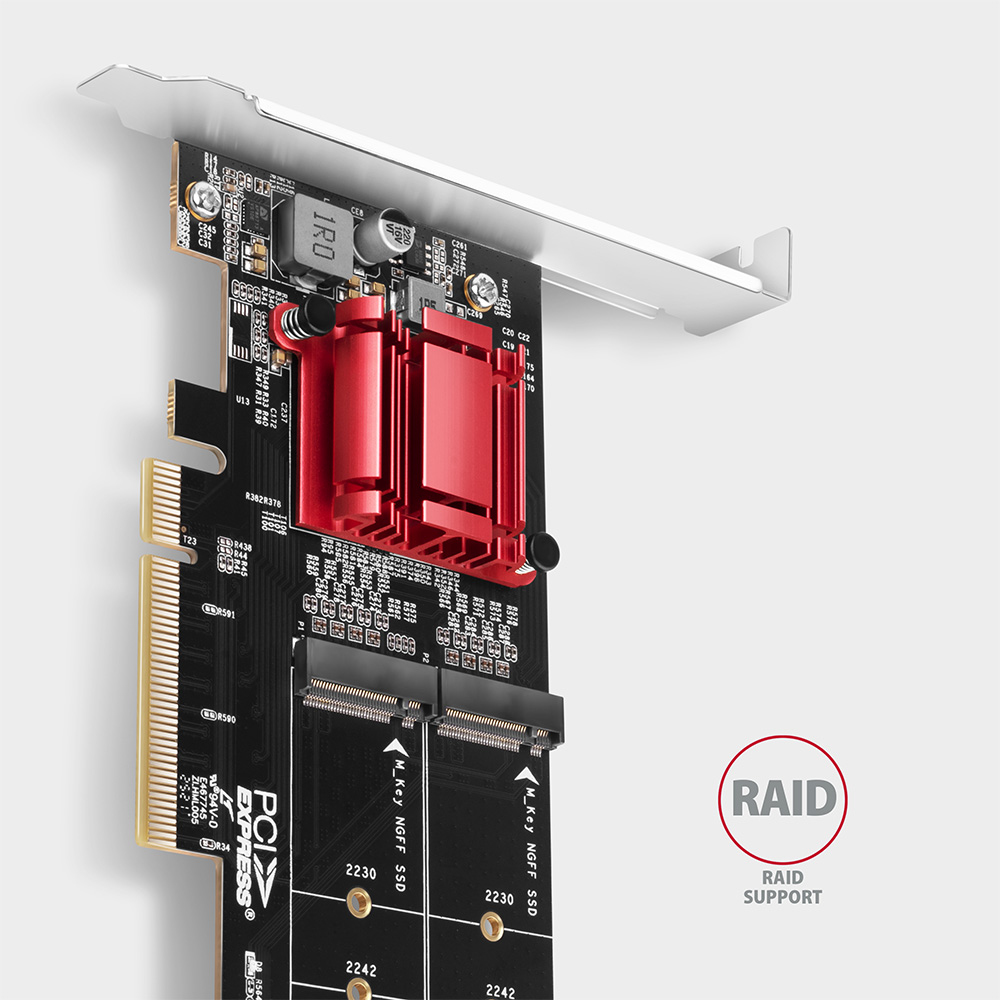 AXAGON PCEM2-ND PCIe Adapter für zwei M.2 NVMe SSDs Schwarz, Rot