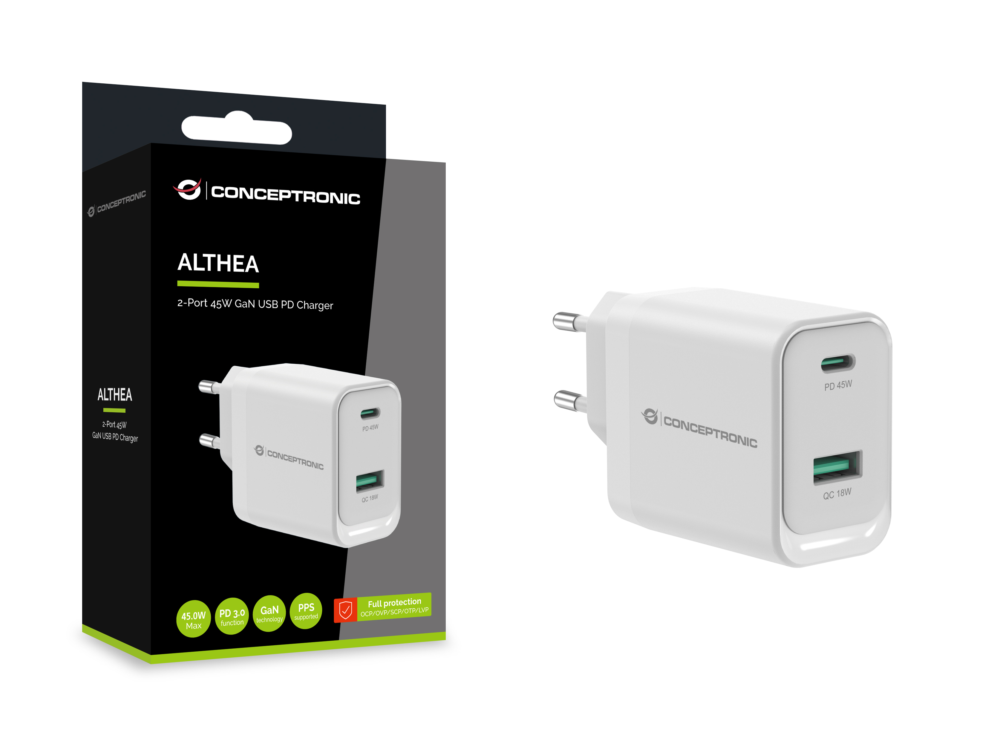 Conceptronic ALTHEA20W45 USB-Ladegerät 2-Port 45W 1x USB-C 1x USB-A Weiß