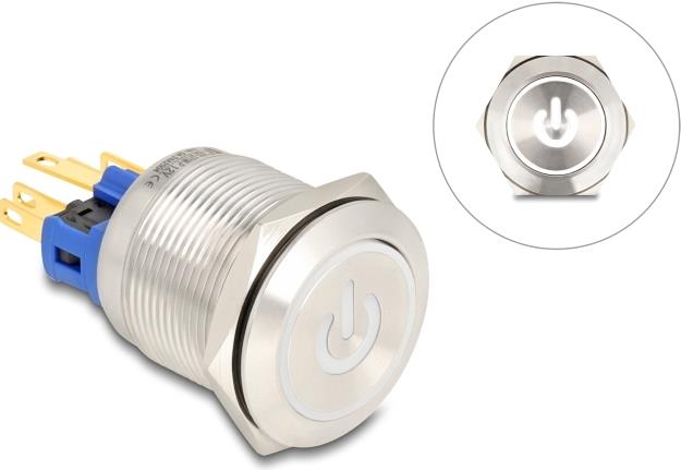 Delock Drucktaster zum Einbau 22 mm 6 x Lötanschluss LED weiß Powersymbol+ (20986)
