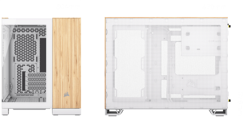 Corsair 2500X Mid-Tower Systemgehäuse, micro ATX, Seitenteil mit gehärtetem Glas, Doppelkammer-Layout, Weiß, Bamboo Wood