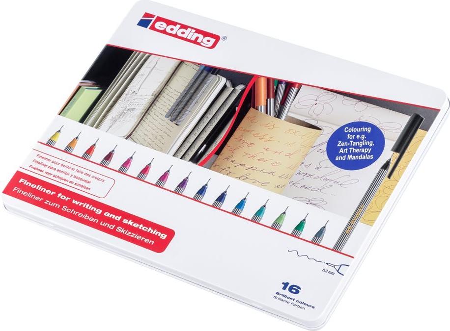 edding 55 Fineliner 0,3 mm extrafein 16 Stück in Metalldose, gemischte Farben