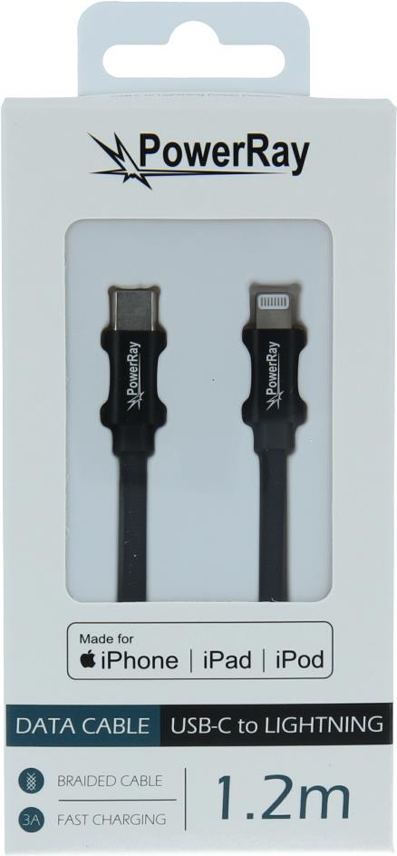 PowerRay Data Cable PR-DCCL120TBK, USB-C / LIGHTNING MFi 1.2m Textile black, Blister (PR-DCCL120TBK)