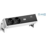 Bachmann DESK2 Steckdosenleiste Farbe weiss, ähnlich RAL9010 mit erhöhtem Berührungsschutz 2xUTE 35° Steckdosen, schwarz 1xUSB C 60W Charger 1xCustom Modul leer Zuleitung 0,2m H05VV-F3G1,5mm² schwarz mit GST18i3 Stecker inkl. Haltewinkel Logo verpackt im (902.955)