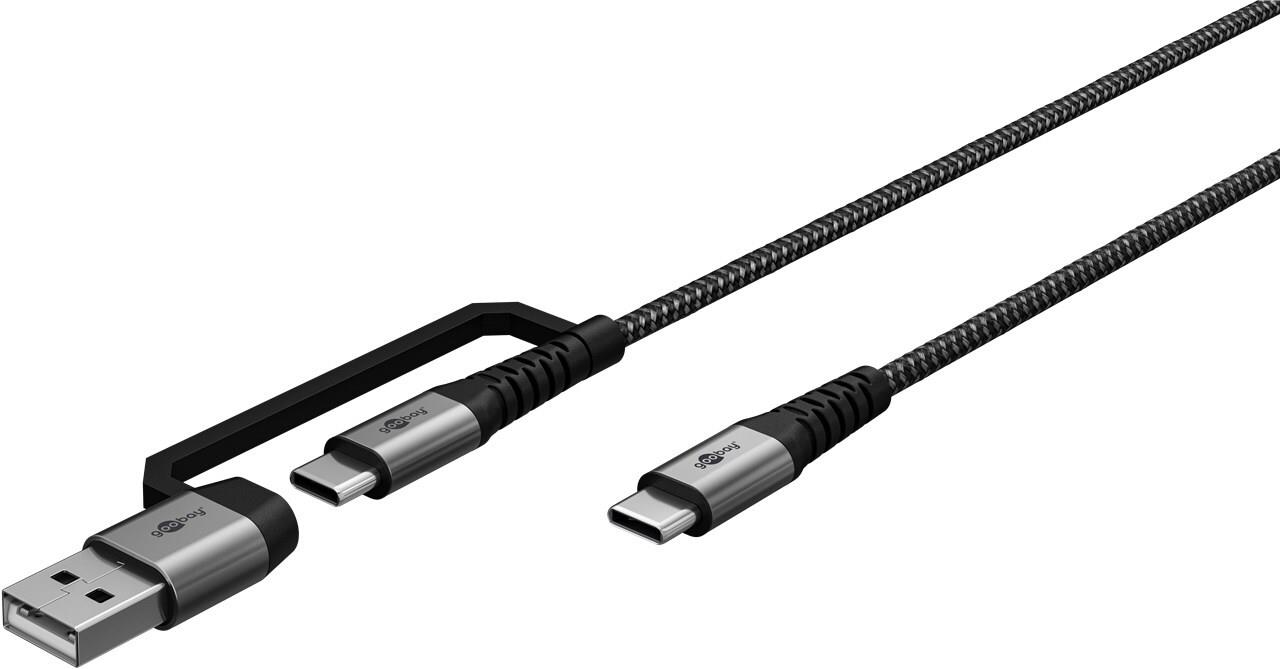 Goobay 2in1 USB-Textilkabel spacegrau/silber 3 m - extrarobustes USB-C -Ladekabel mit (70279)