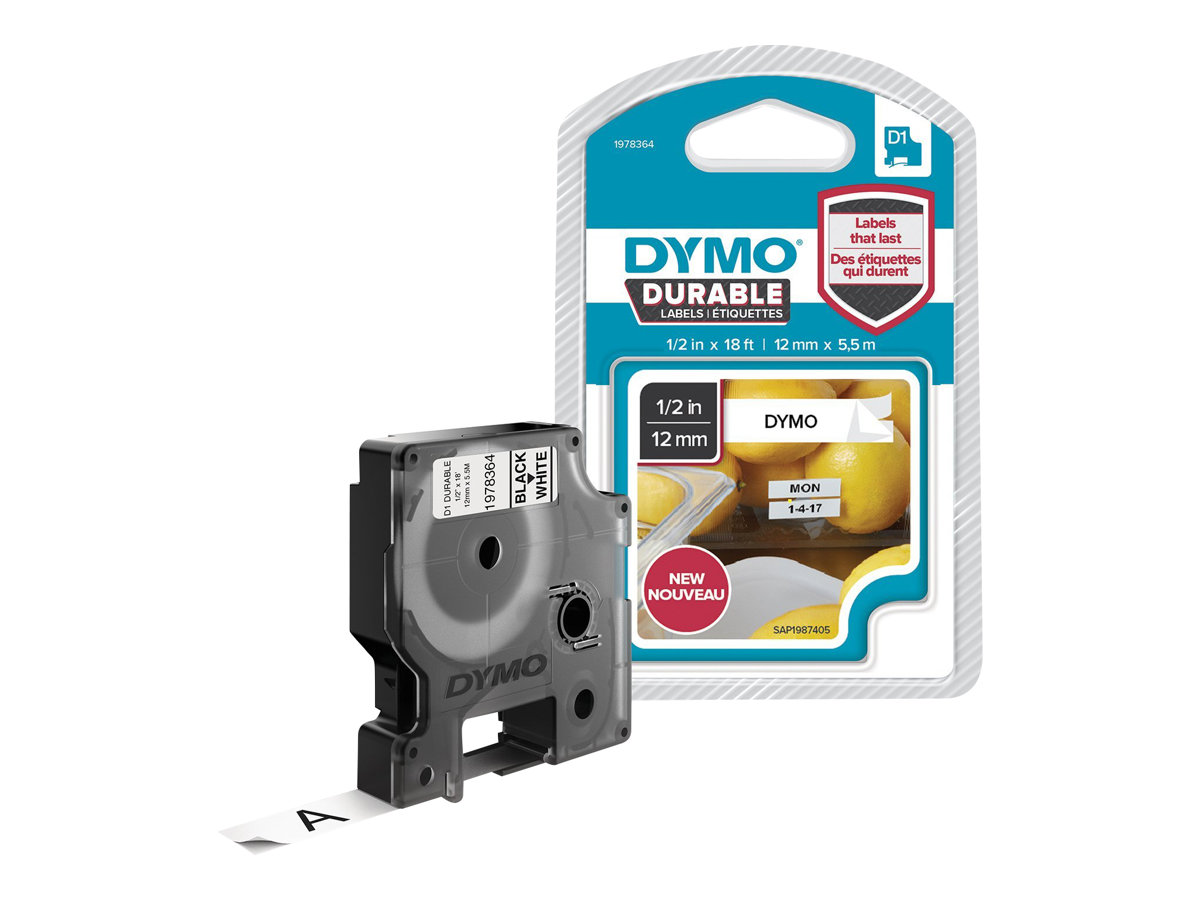 DYMO D1 Durable Etikettenband 12 mm x 5,5 m Schwarz auf Weiß