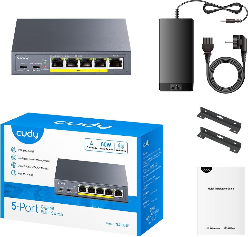 Cudy GS1005P Gigabit Ethernet Switch 5 Ports PoE+ Grau
