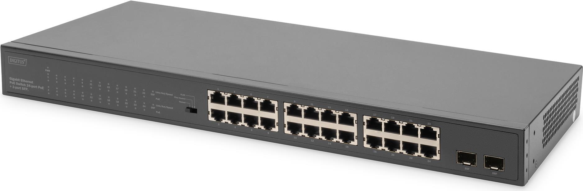 Digitus 24-Port Gigabit + 2-Port Gigabit SFP Multi-Mode Unmanaged PoE Switch (DN-95348-1)