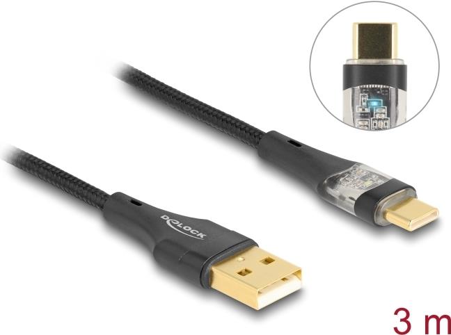 Delock USB 2.0 Kabel Typ-A Stecker zu USB Type-C™ Stecker mit Schnellladefunktion 60 W transparent 3 m (80762)