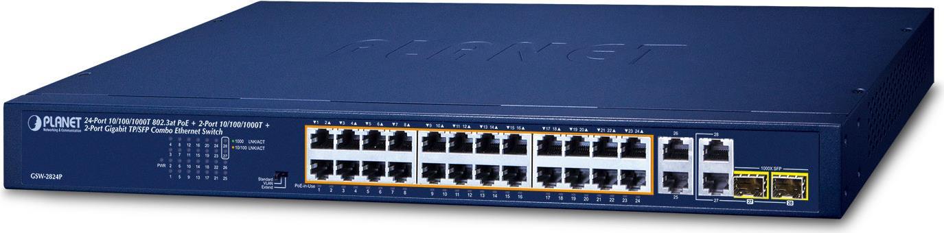 PLANET 24-Port 10/100/1000T 802.3at Unmanaged Gigabit Ethernet (10/100/1000) Power over Ethernet (PoE) 1U Blau (GSW-2824P)