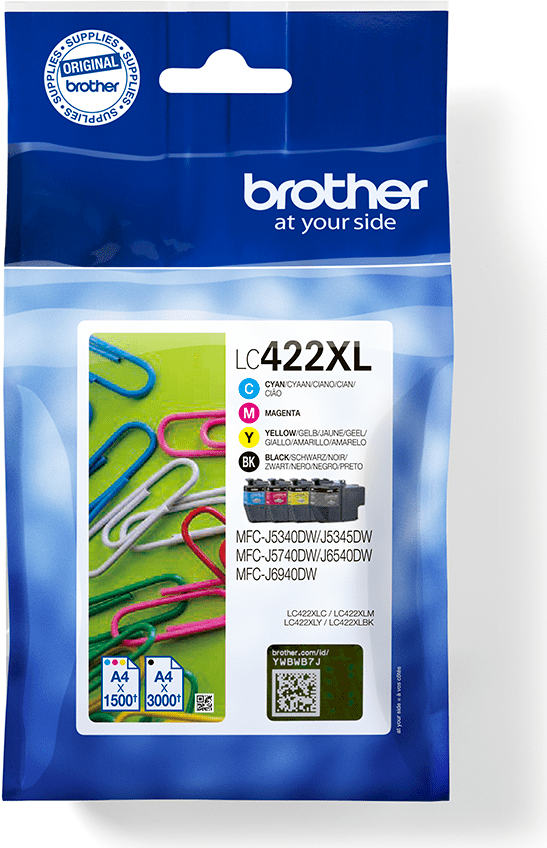 BROTHER Black Cyan Magenta and Yellow Ink Cartridges Multipack Each cartridge prints up to 1500 pages for CMY and 3000 for K - DR Ve (LC422XLVALDR)